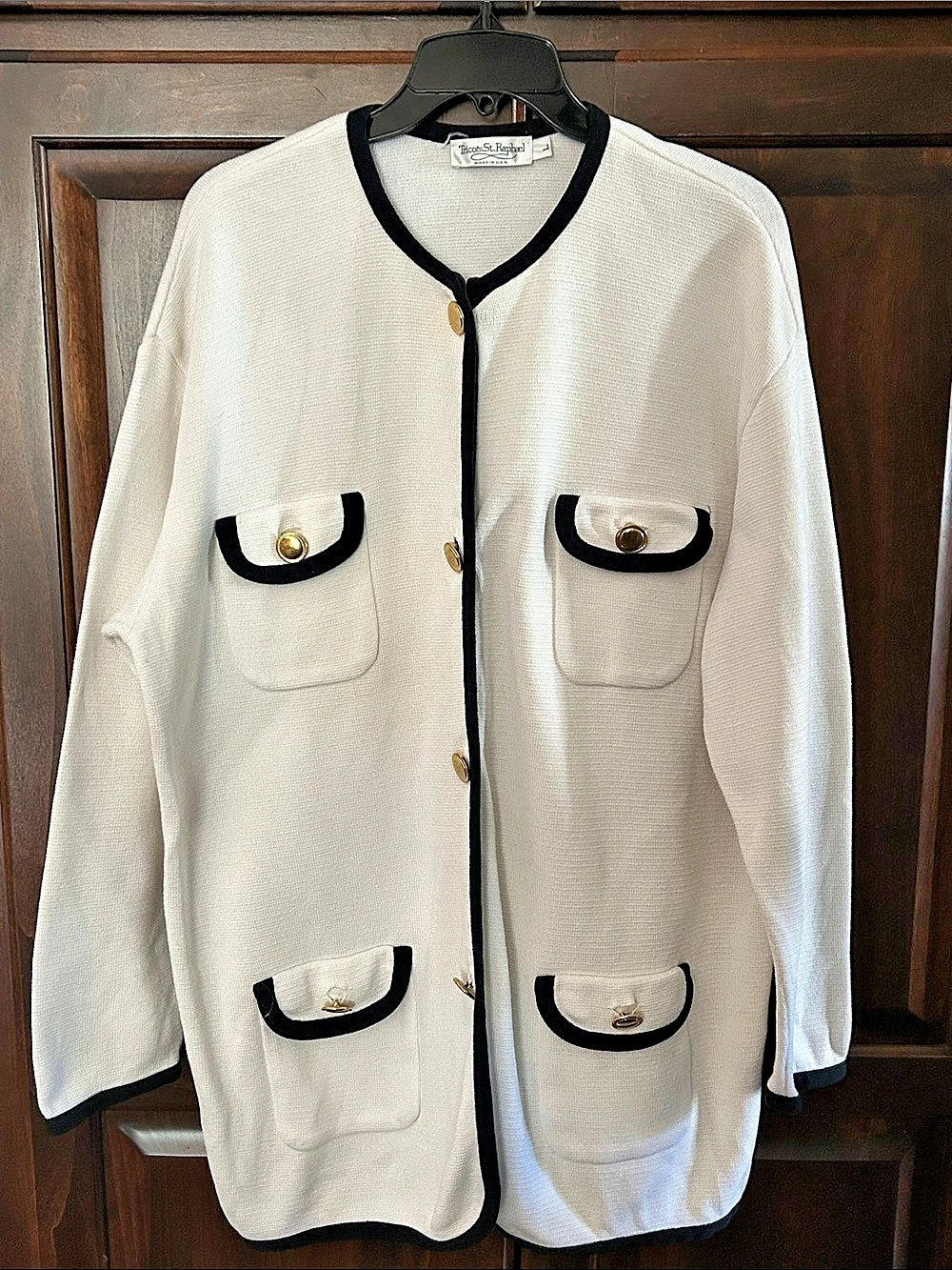 Tricot St. Raphael Cotton Button Front Cardigan in White & Black Size L - Gold B